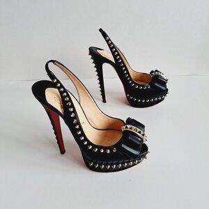 Christian Louboutin Black Leather Platform Peep toe Silver Studded Slingbacks 37